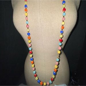 Vintage 47” Harlequin square beaded necklace Czech glass multicolor goldtone a